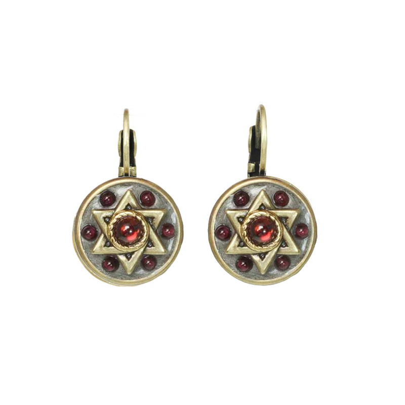 Star of David Circle Garnet Wire Earrings