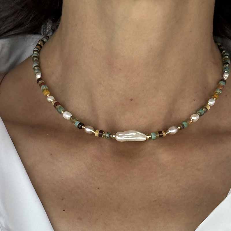Pearl & Gemstone Thin Beaded Necklace