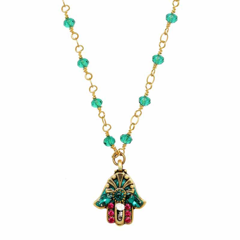 Small Emerald & Red Crystal Hamsa Necklace