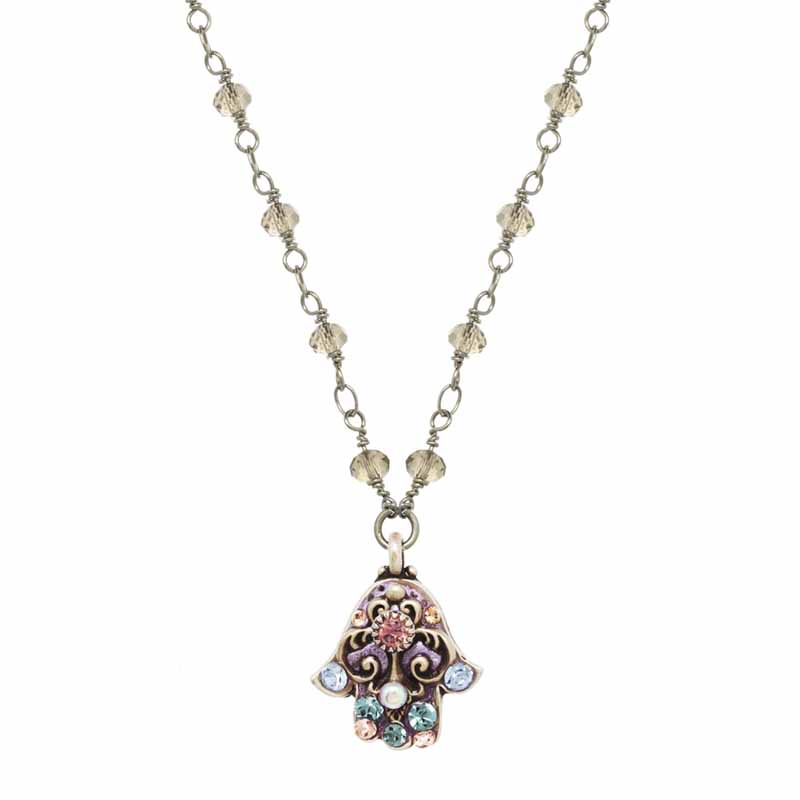 Pink & Blue Crystal Hamsa Necklace