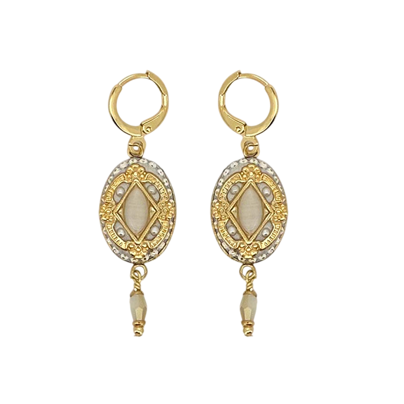 Ornate Pearl Oval Dangling Earrings