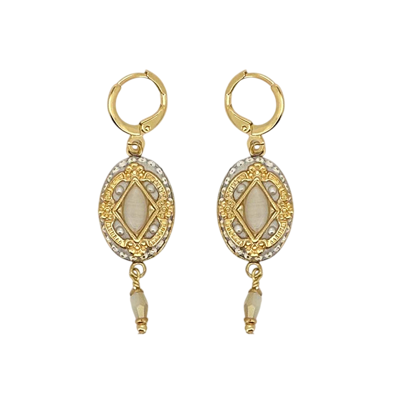 Ornate Pearl Oval Dangling Earrings