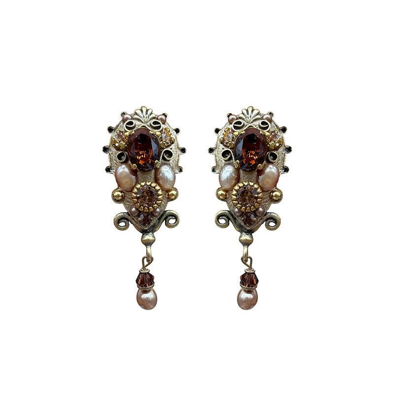 Garnet & Pearl Dangling Shield Earrings