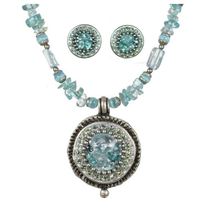 Aquamarine Small Circle Beaded Necklace & Clip Earrings Set