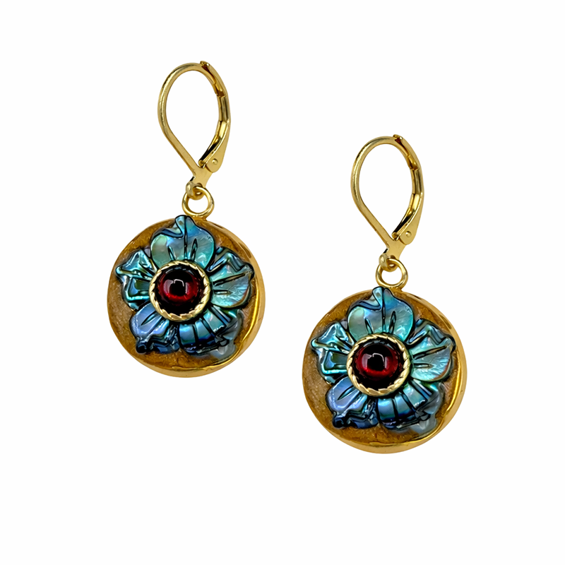 Iridescent Abalone & Garnet Flower Earrings