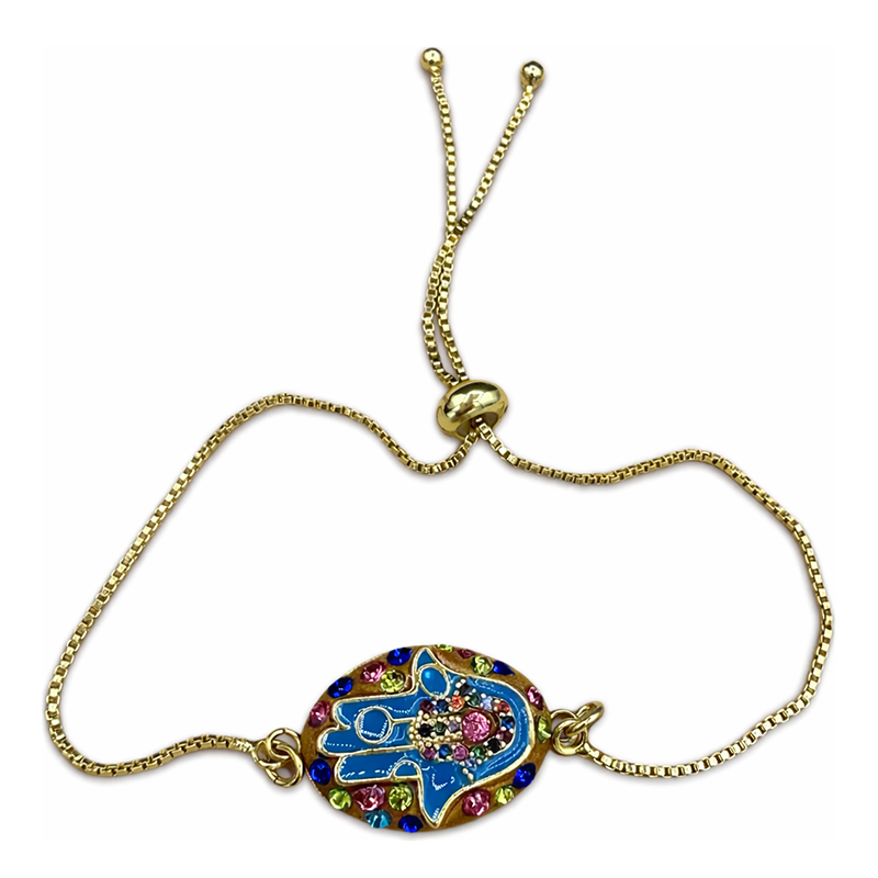 Blue & Fuchsia Crystal Hamsa Chain Bracelet