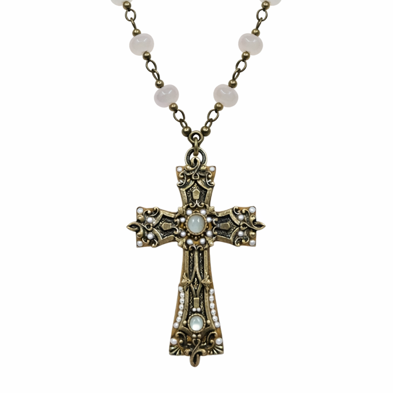Ornate Silver Rose Quartz Cross Necklace
