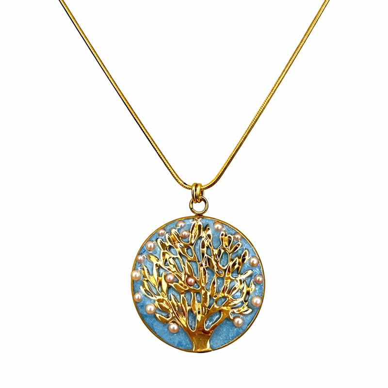 Light Blue Tree of Life Circle Necklace