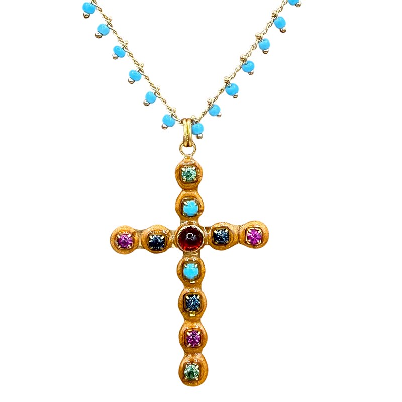 Gold & Turquoise Beaded Cross Necklace