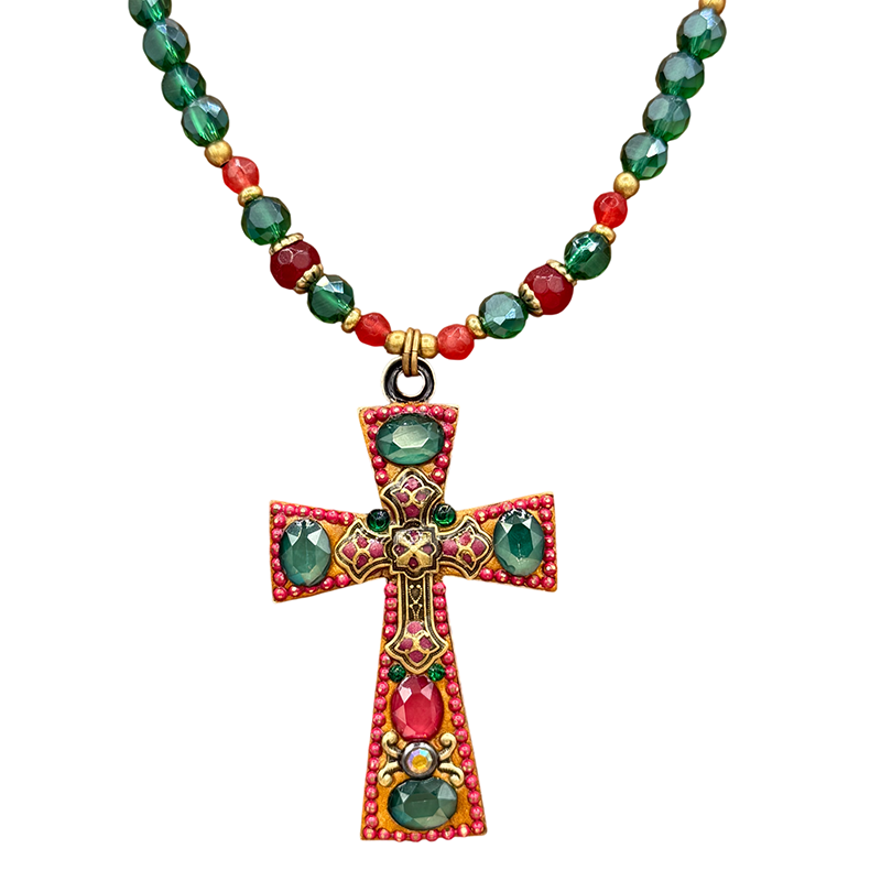 Red & Green Beaded Cross Necklace