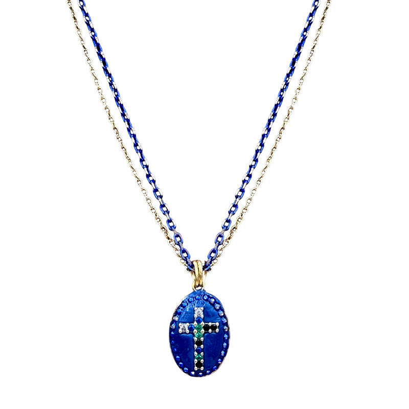 Deep Blue Oval Crystal Cross Necklace