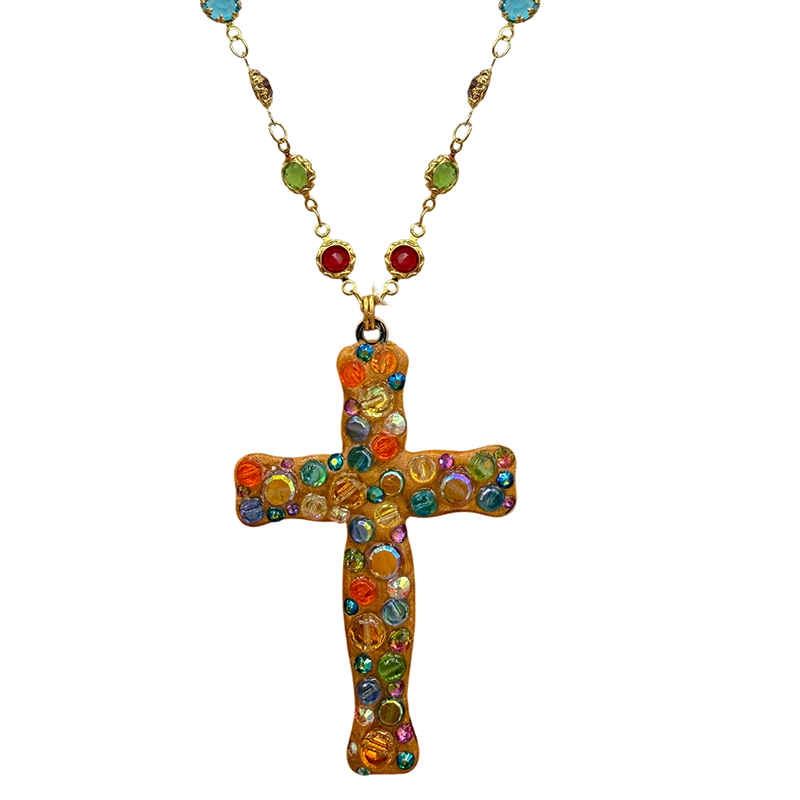 Gold Crystal Mosaic Cross Necklace