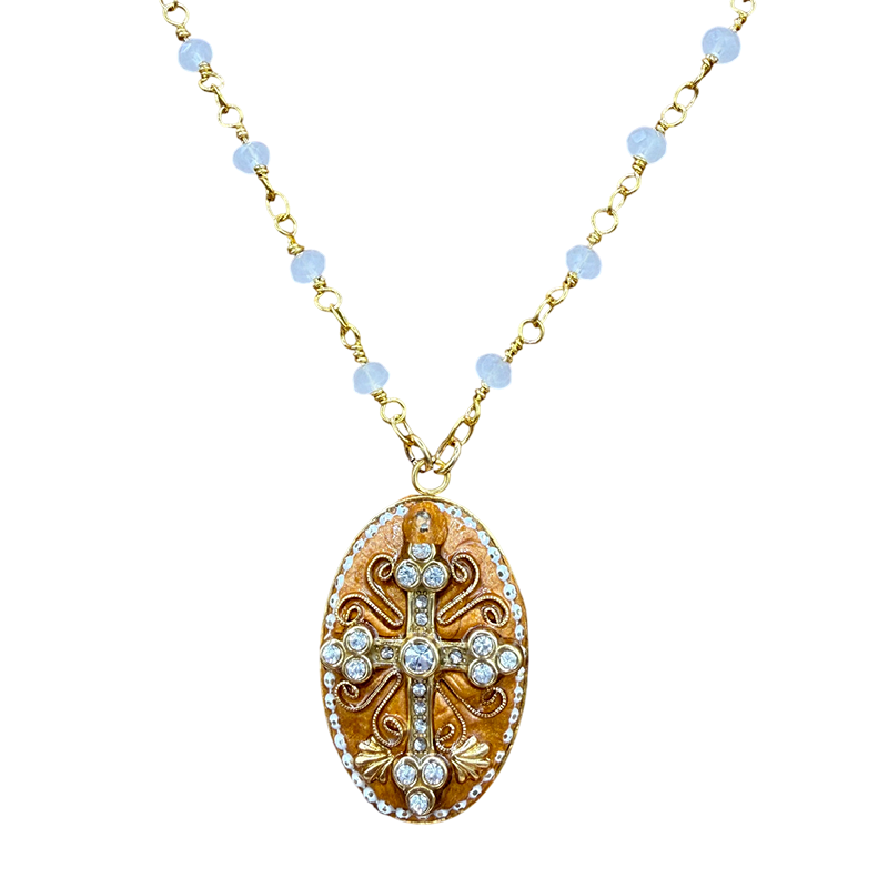 Blue Opal Cross Oval Necklace