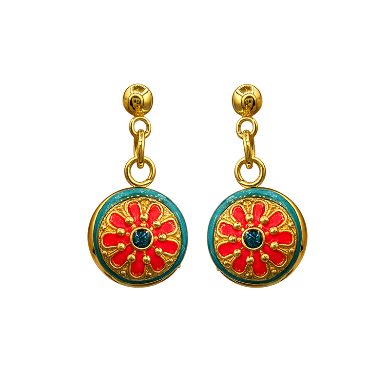 Orange & Turquoise Flower Dangling Earrings