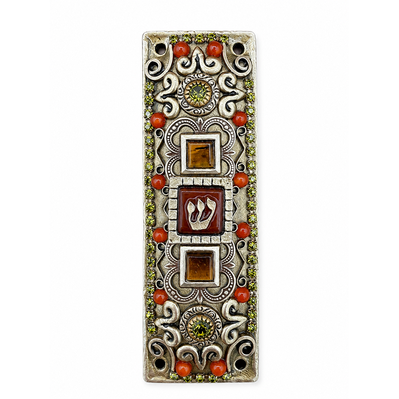 Red & Olive Gemstone Mezuzah