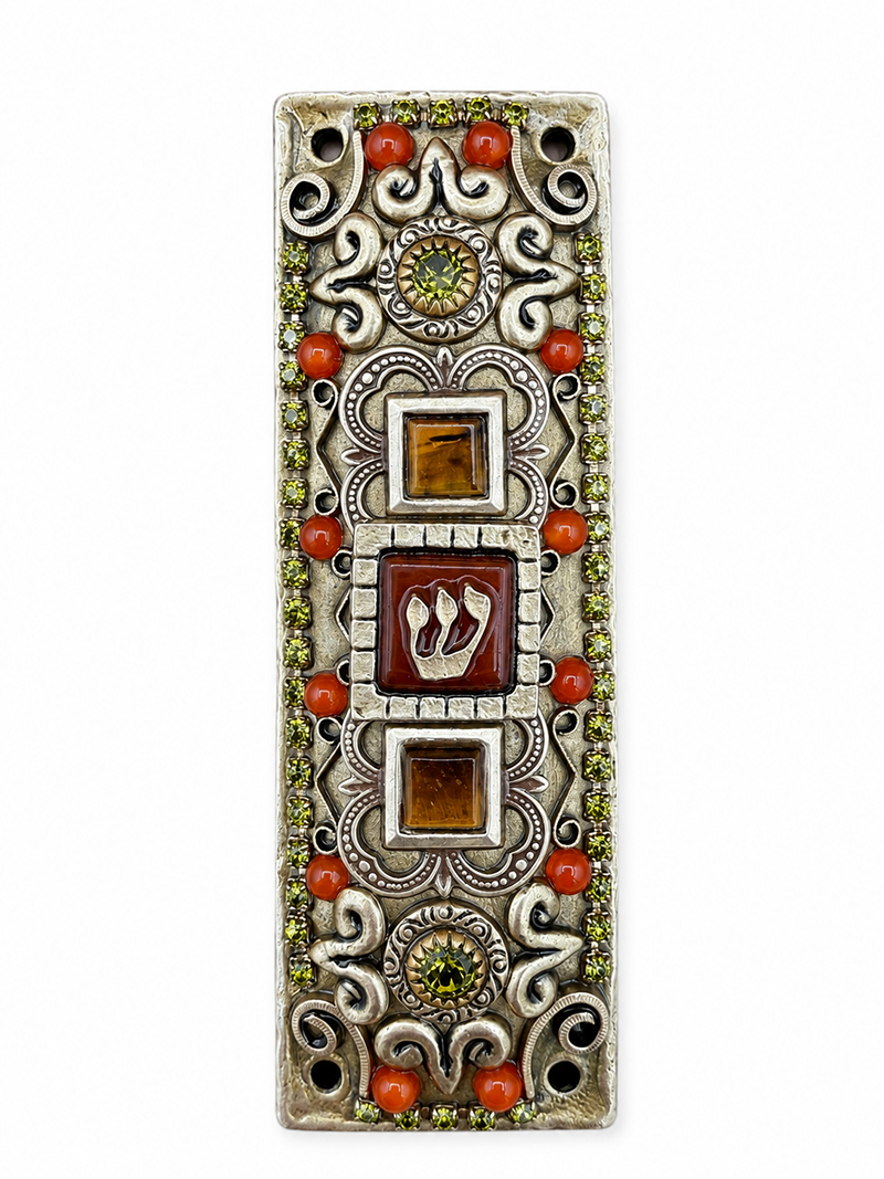 Red & Olive Gemstone Mezuzah