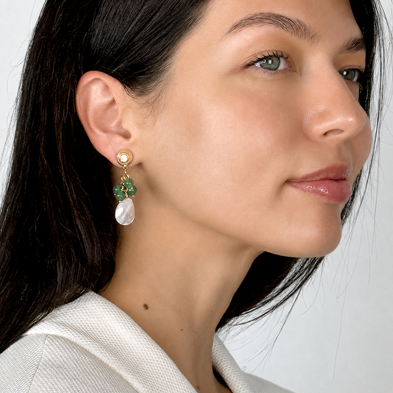 Green Aventurine & Pearl Cluster Earrings