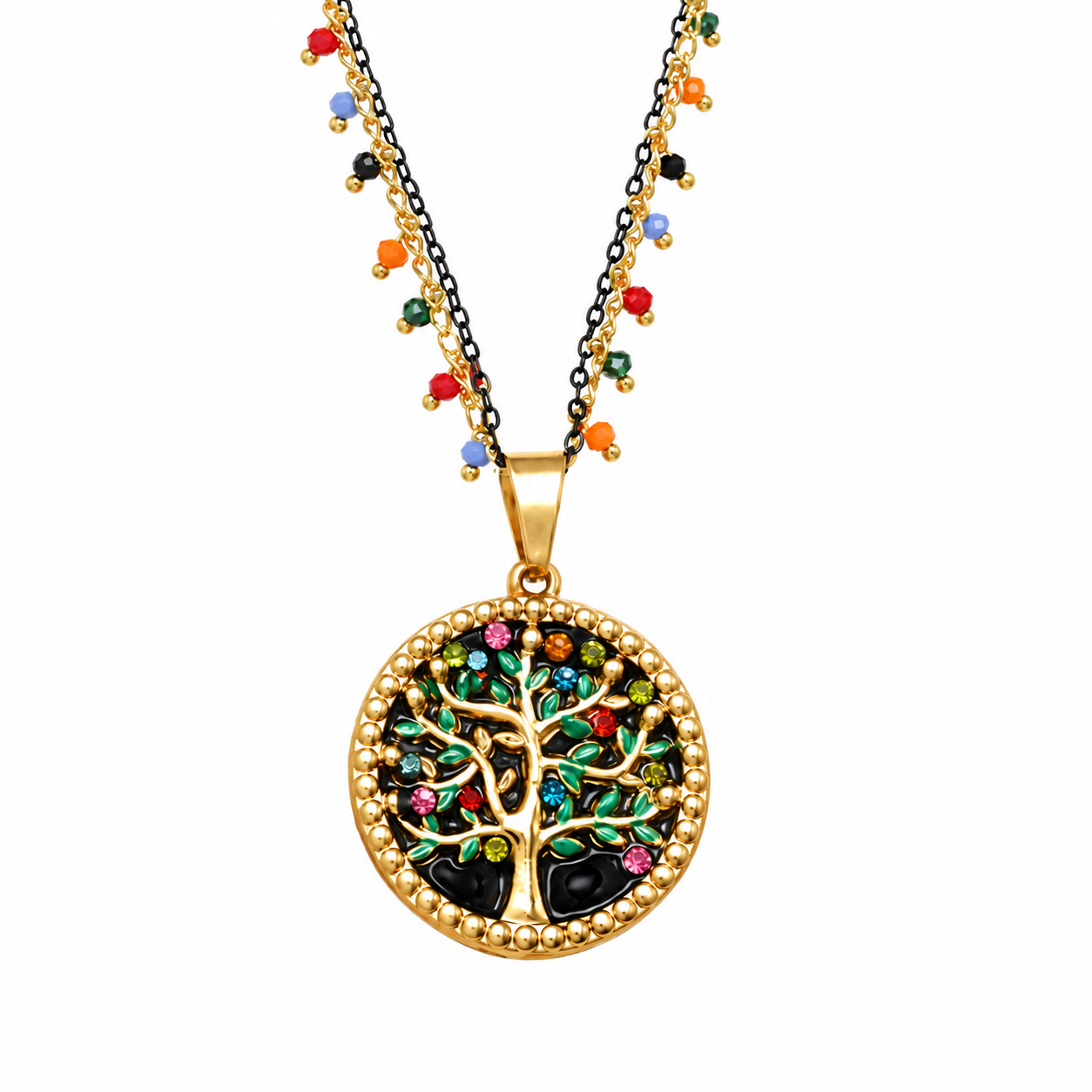 Gold Crystal Tree of Life Circle Necklace