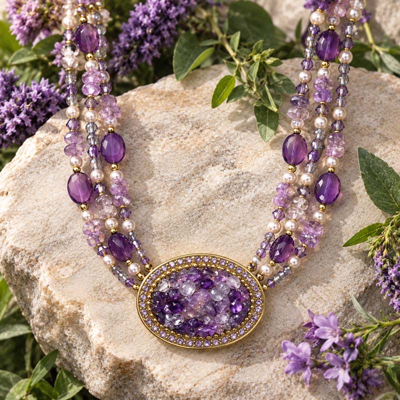 Violet Beaded Oval Necklace
