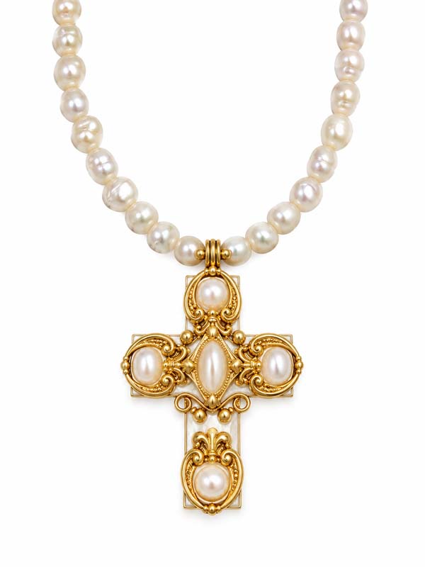 Ornate Pearl Beaded Cross Necklace