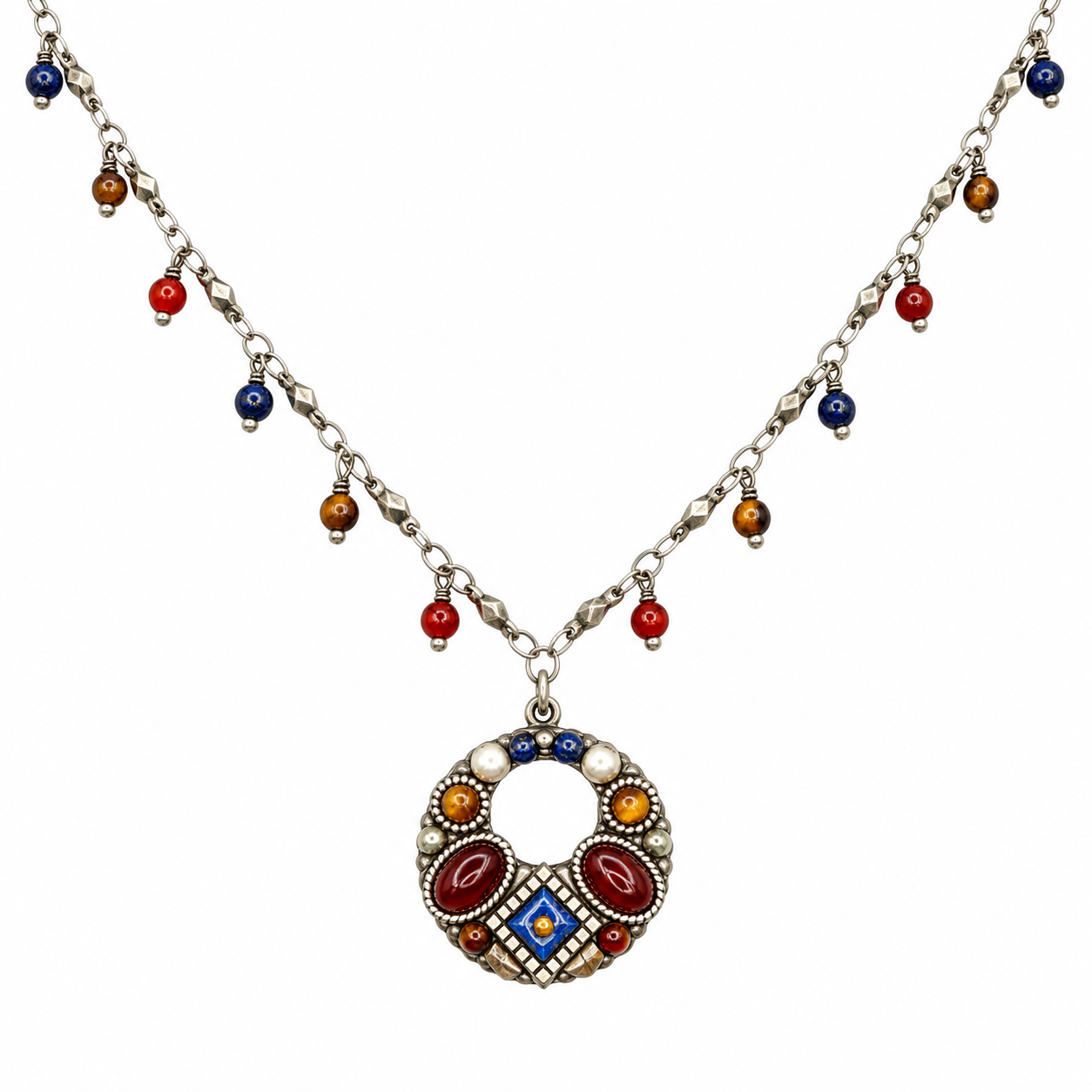 Blue & Red Gemstone Open Circle Necklace