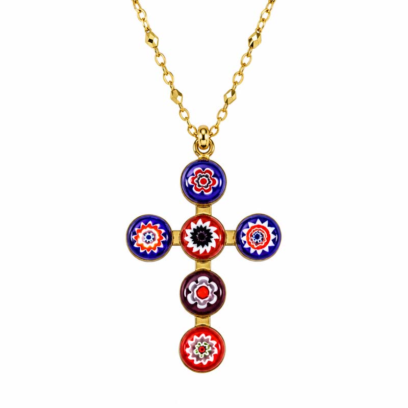 Red & Blue Millefiori Crystal Cross Necklace