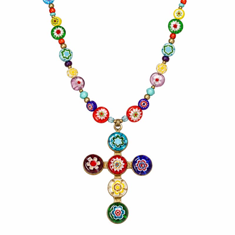 Multicolor Millefiori Bead Cross Necklace