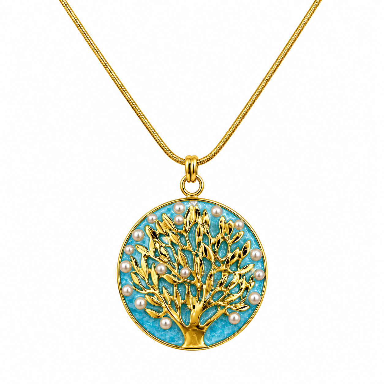 Light Blue Tree of Life Circle Necklace